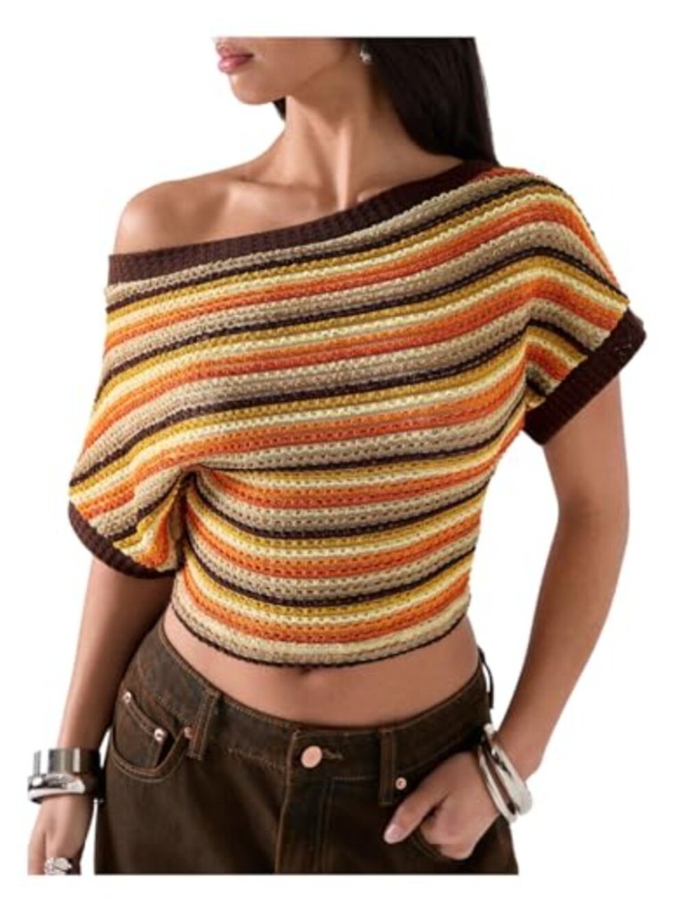 Off Shoulder Striped Cinched Waist Crop Top Y2K Going Out